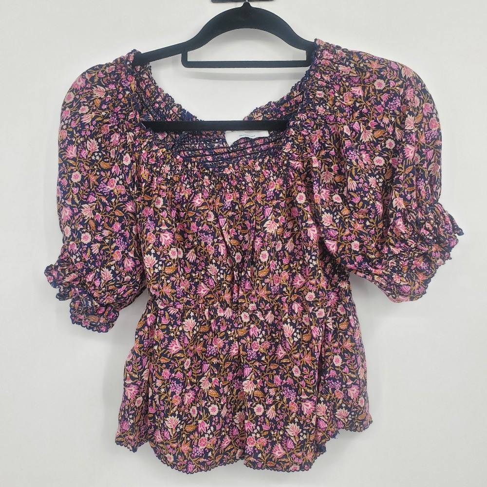 ◇◇ Old Navy Floral Puff Sleeve Peplum Top Size XS Pink Black